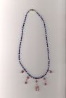 Blue and pink necklace with pink beads.
